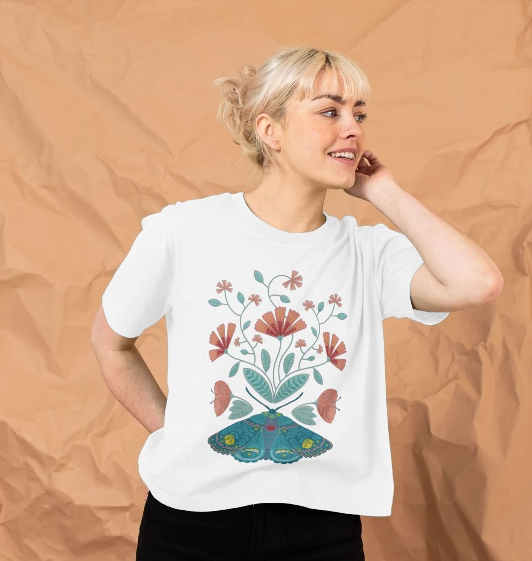 Coral Flowers & Moth - Boxy Tee