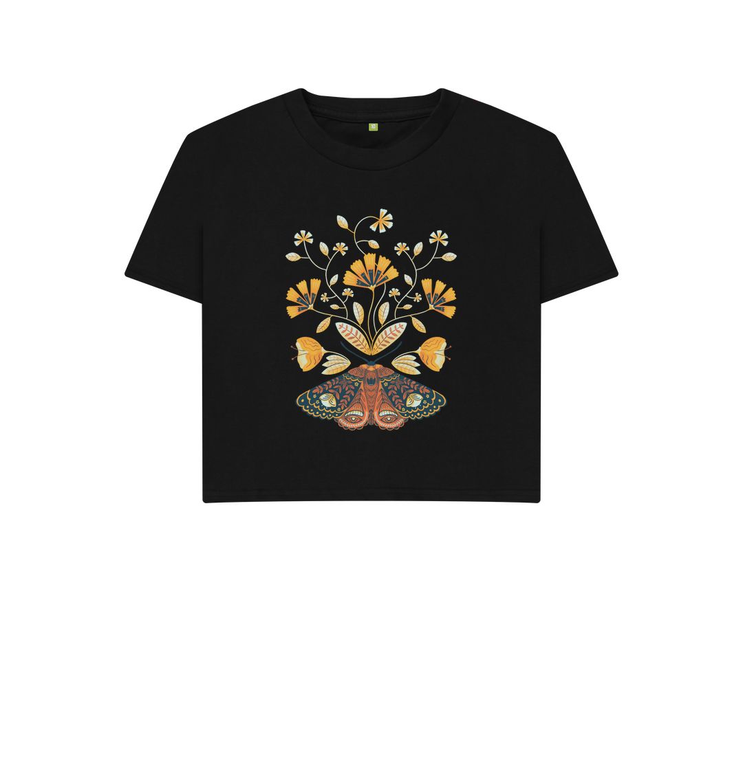 Black Moth & Flowers Boxy Tee in Retro Orange