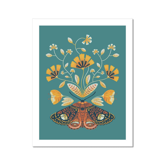 Moths and Florals - Teal and Retro Browns Fine Art Print