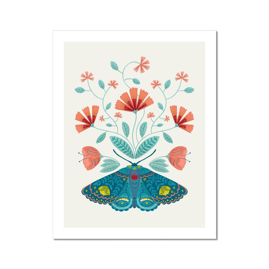 Moths and Florals - Coral and Blue on Cream Fine Art Print