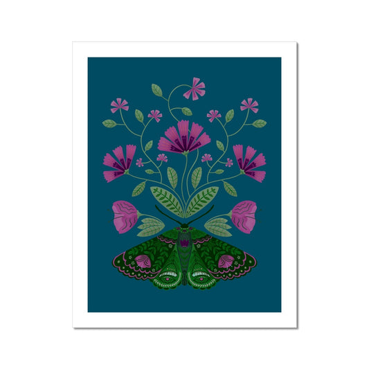Moths and Florals - Deep Pink on Blue Fine Art Print