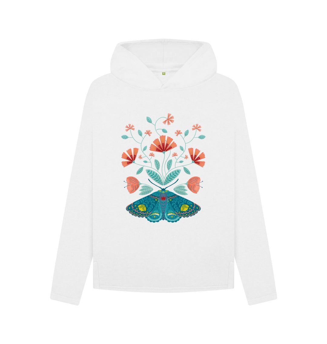 White Coral Flowers and Moth - Hoody