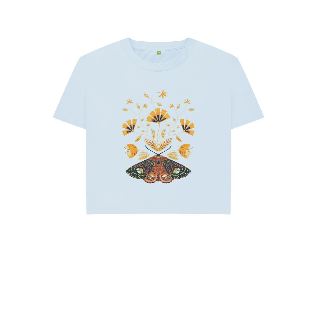 Sky Blue Moth & Flowers Boxy Tee in Retro Orange