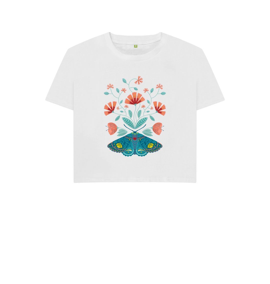 White Coral Flowers & Moth - Boxy Tee