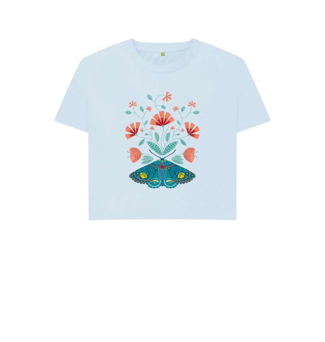 Sky Blue Coral Flowers & Moth - Boxy Tee