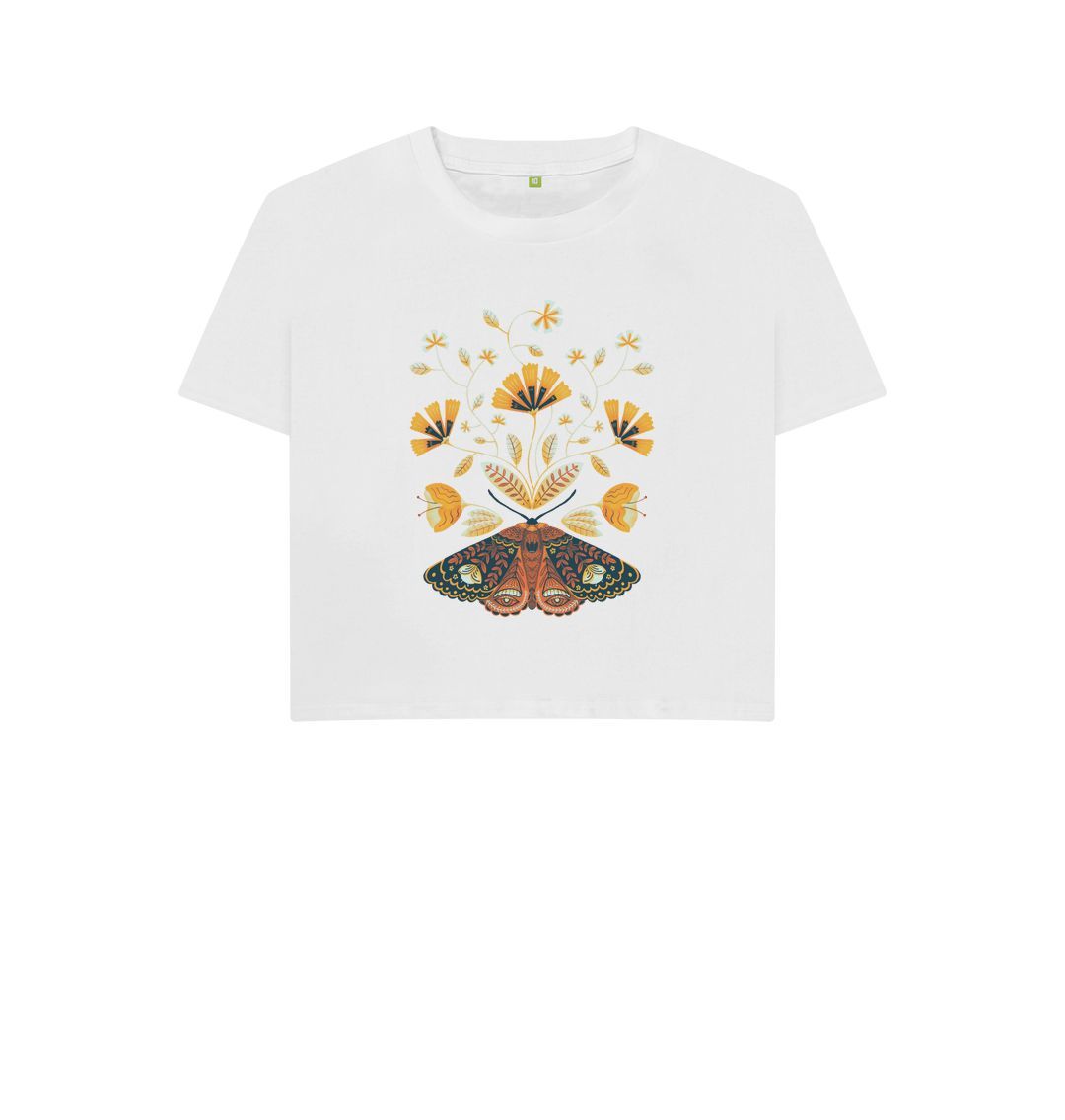 White Moth & Flowers Boxy Tee in Retro Orange