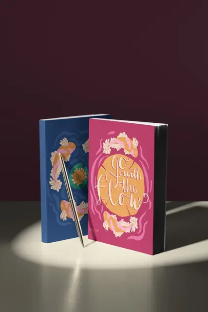 Book cover with Go with the Flow lettering and koi